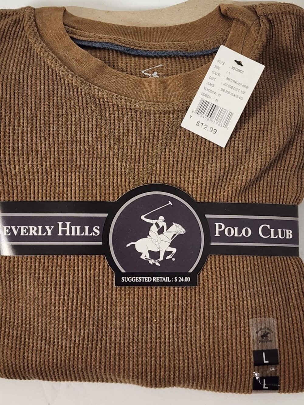 Beverly Hills Polo Club Men's Size L Thermal Waffle Knit Long Sleeve Shirt